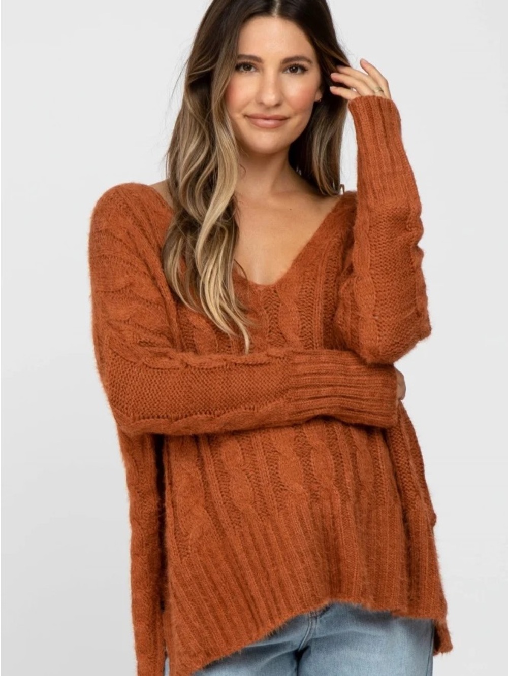 NWT Miracle Camel Copper Cable Knit V-Neck Sweater Layering Cozy Oversized